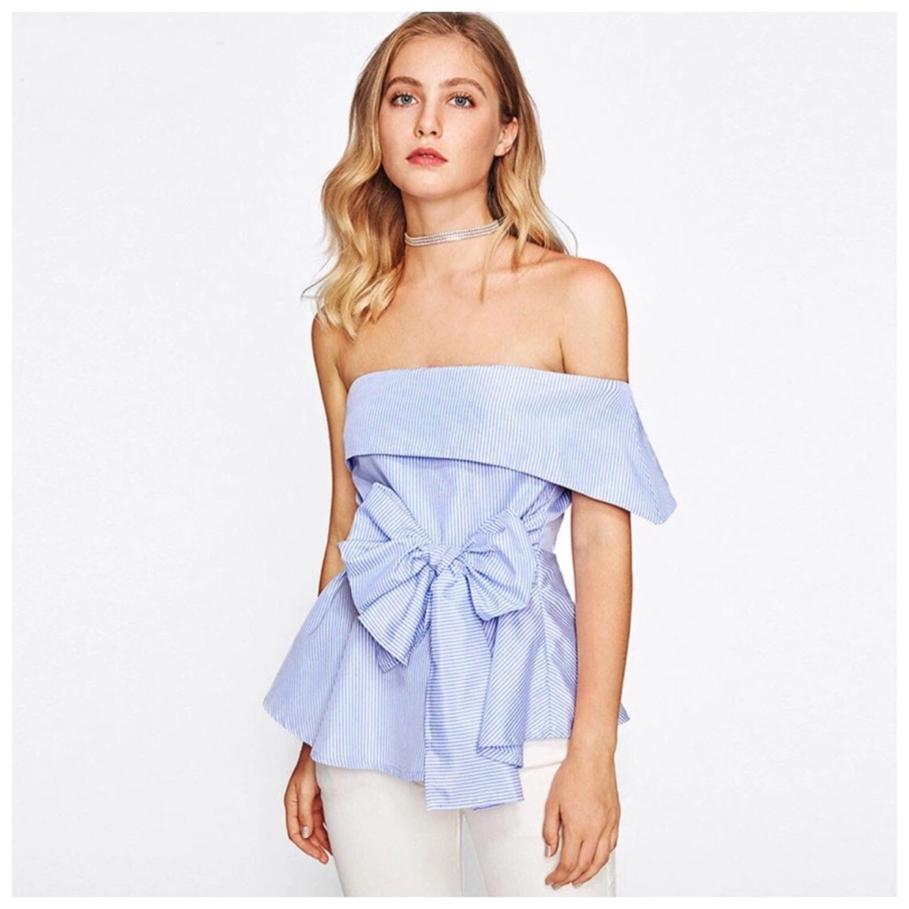 Blue & White Stripe Asymmetrical Collar Top - Picture 5 of 7